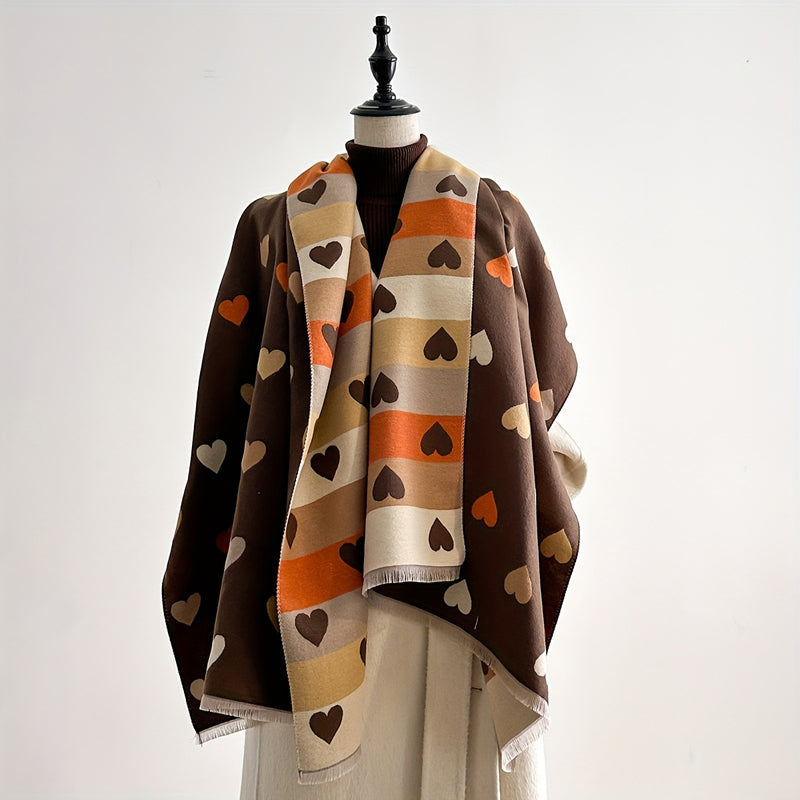 Bufanda de mujer con estampado de corazones y flecos, accesorio suave