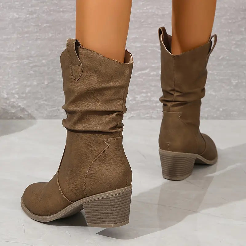 Bottes mi-mollet femme style western coutures décoratives talon
