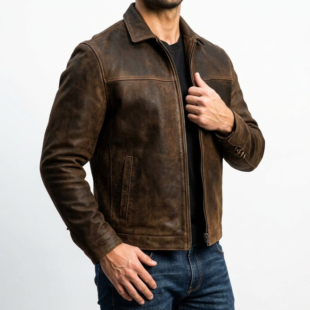 Chaqueta de cuero ligera para hombre, con cremallera y corte ajustado, para el día a día en la ciudad