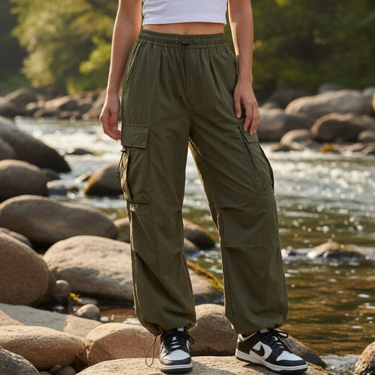 Pantalón cargo de algodón con cintura con cordón para mujer
