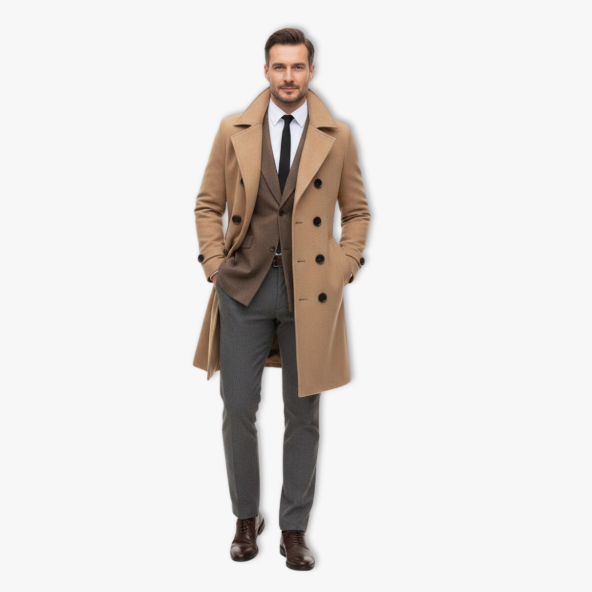 Dlouhý pánský vlněný kabát s dvojřadým zapínáním, pro business casual styl