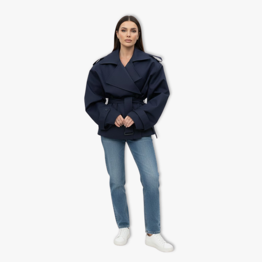 Trench corto da donna antivento, con revers e cintura da annodare in vita, moderno