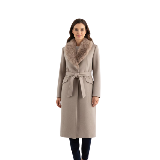 Women's warm coat with a fur collar and belt for a flattering silhouette