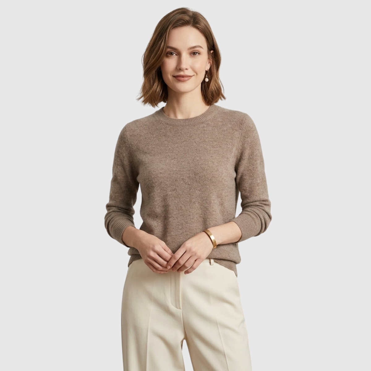 Women's Cashmere Sweater with Crew Neck and Long Sleeves, Straight Fit