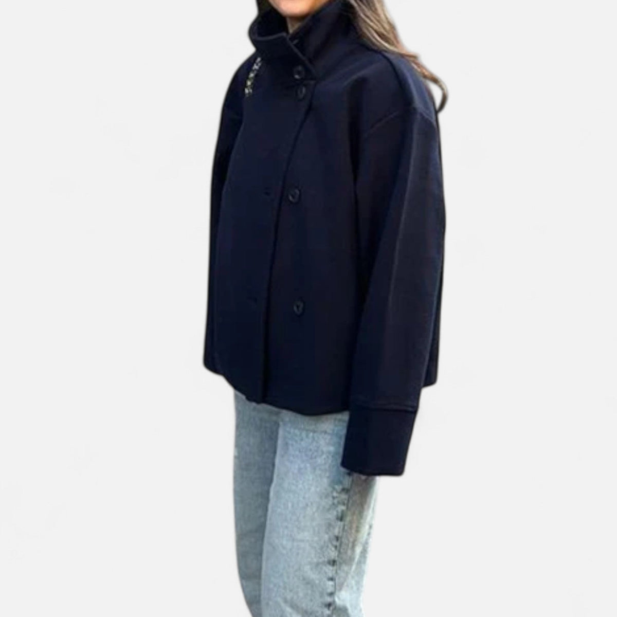 Manteau court femme col montant chic structuré hiver