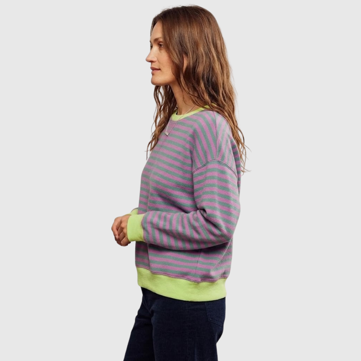Sudadera oversize a rayas para mujer, cuello redondo, manga larga y corte holgado