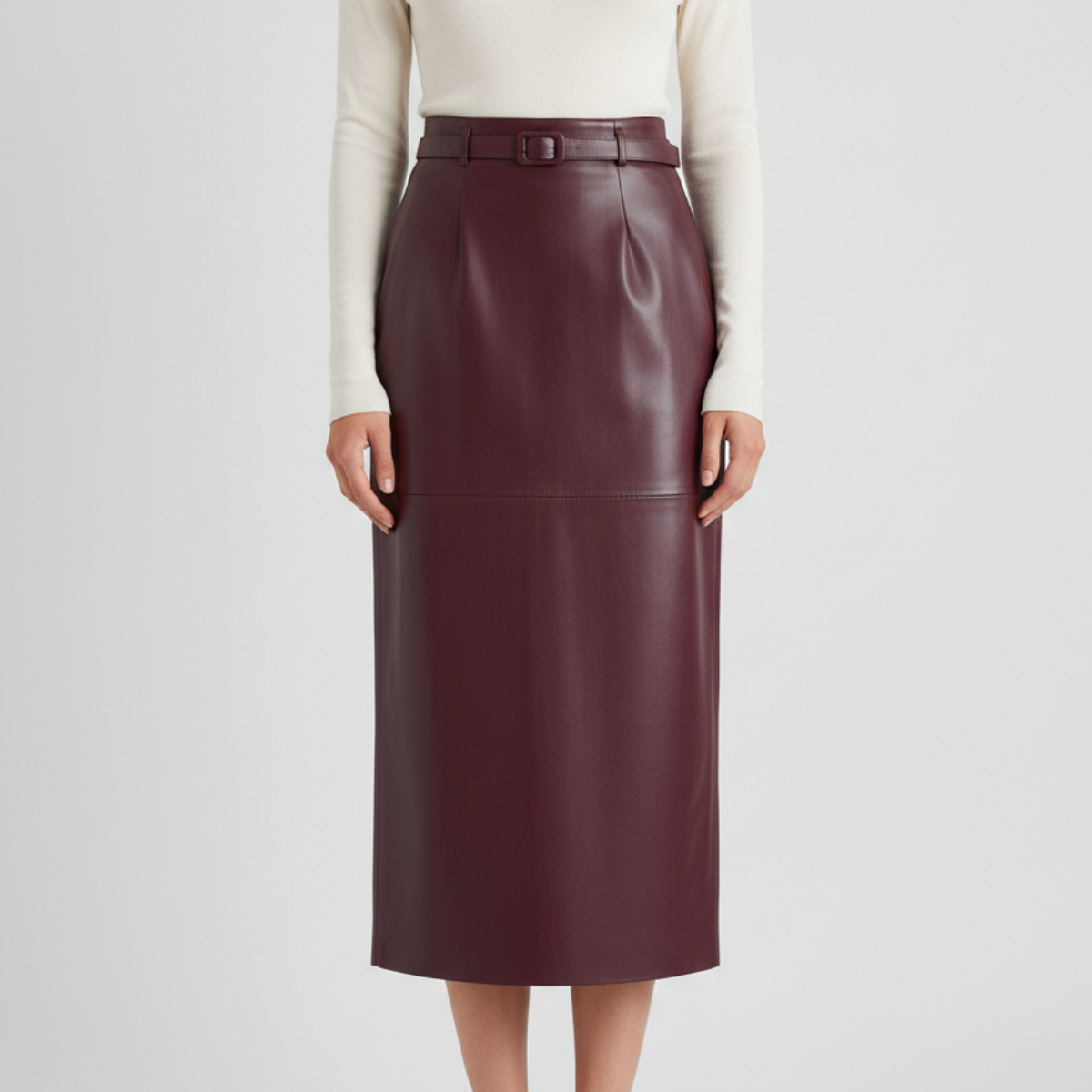 Women's high-waisted faux leather skirt with buckle belt