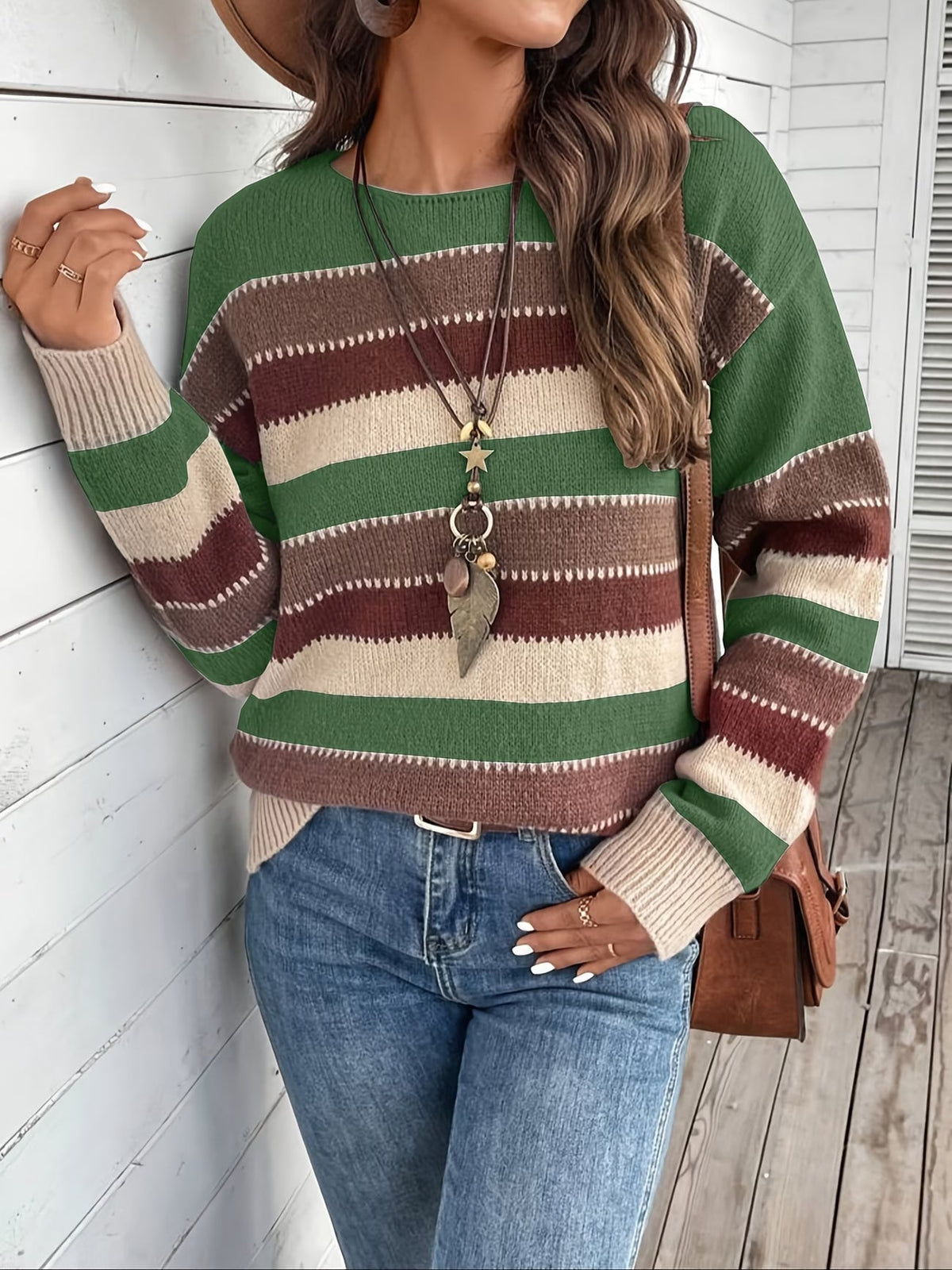 Jersey de mujer de punto a rayas, cuello redondo, clásico y atemporal