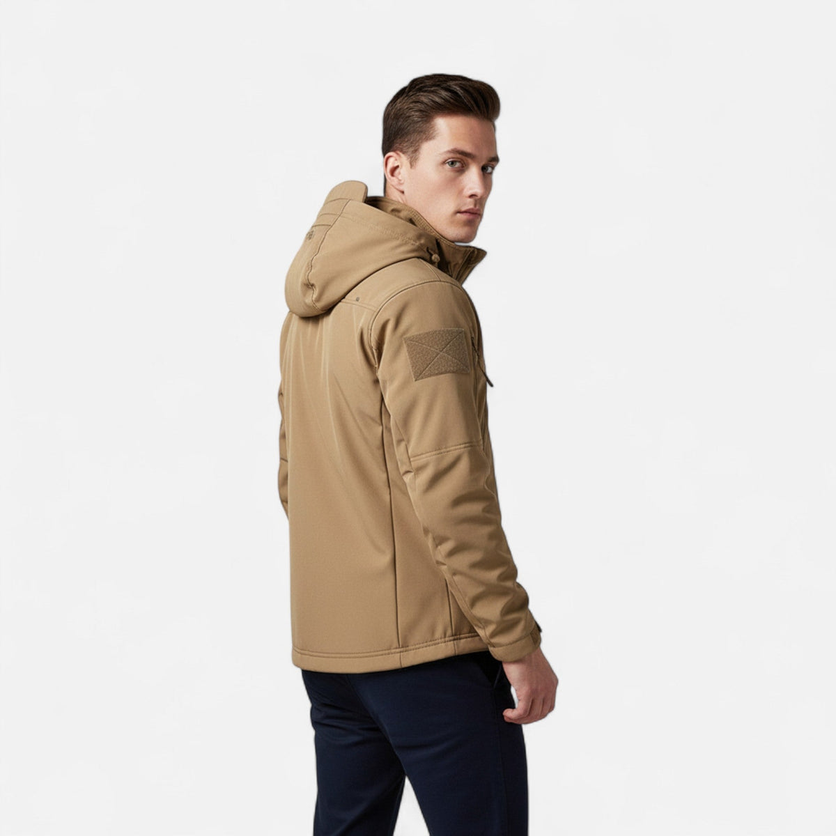Men’s breathable waterproof softshell jacket with hood for outdoor wear