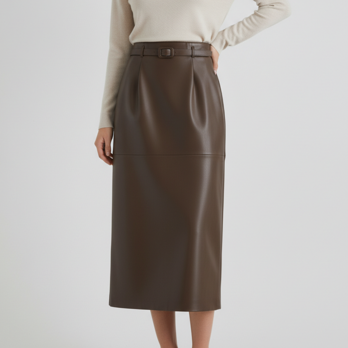 Women's high-waisted faux leather skirt with buckle belt