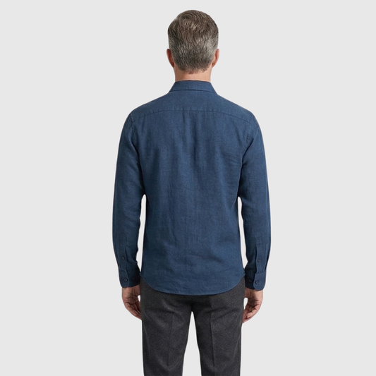 Camicia da uomo in lino a maniche lunghe, con colletto alla coreana e chiusura a bottoni