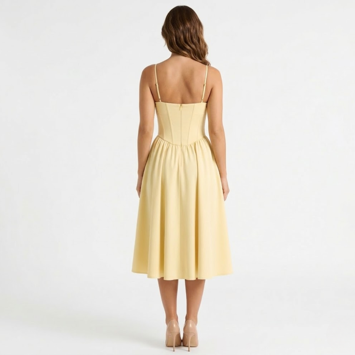 Women's Structured A-Line Midi Dress with Bandeau Neckline and Thin Straps