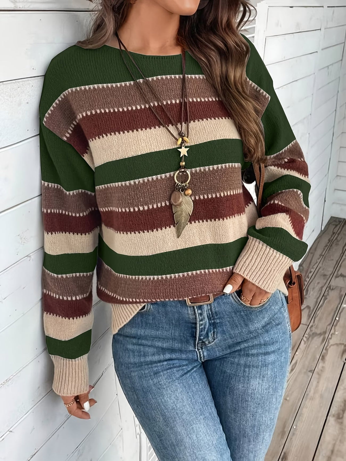 Jersey de mujer de punto a rayas, cuello redondo, clásico y atemporal