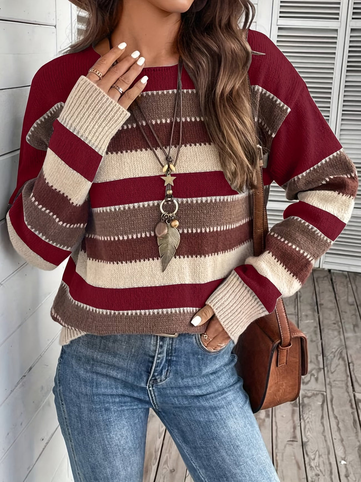 Jersey de mujer de punto a rayas, cuello redondo, clásico y atemporal