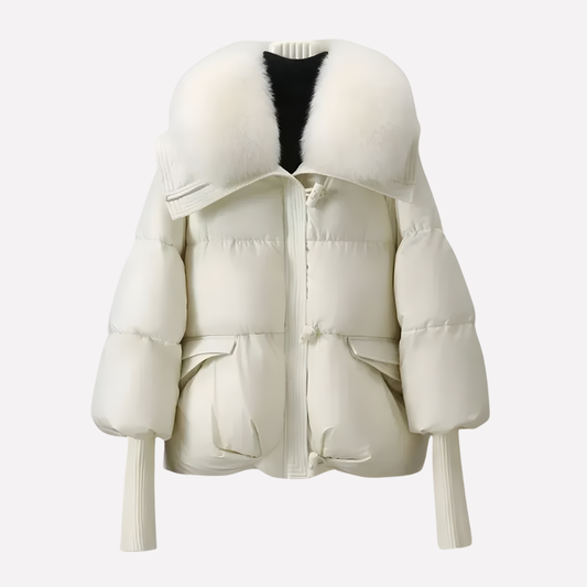Women's warm quilted winter puffer jacket with faux-fur collar