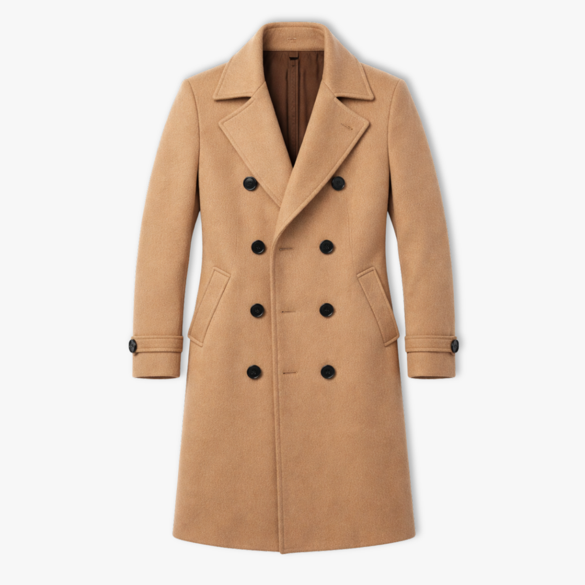 Dlouhý pánský vlněný kabát s dvojřadým zapínáním, pro business casual styl