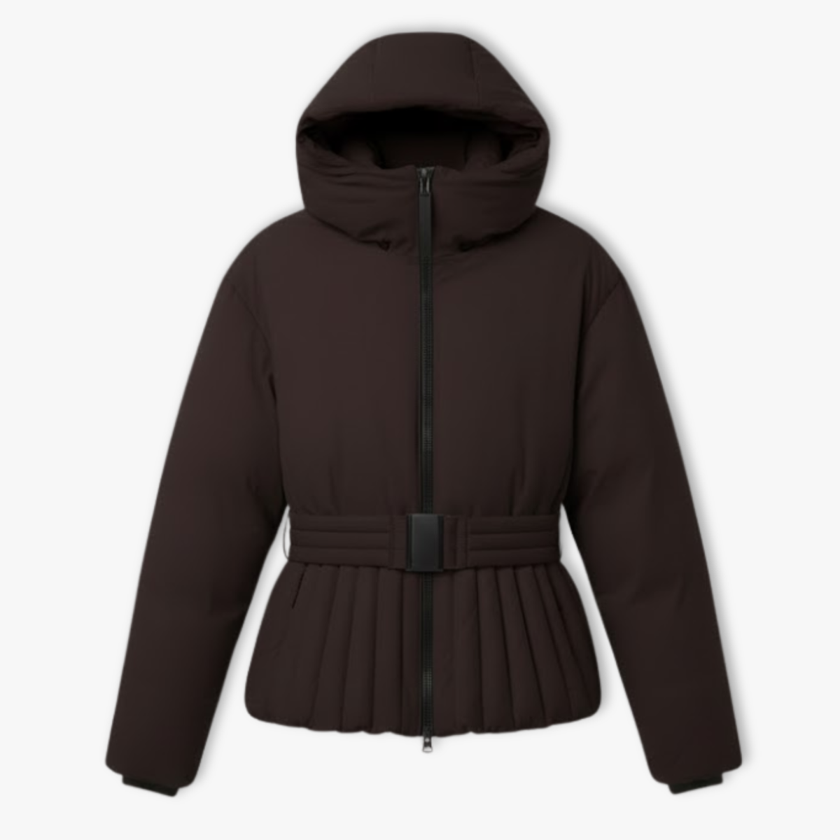 Dámská lyžařská bunda s peplum střihem, stojáčkem, páskem a kapucí na zimu