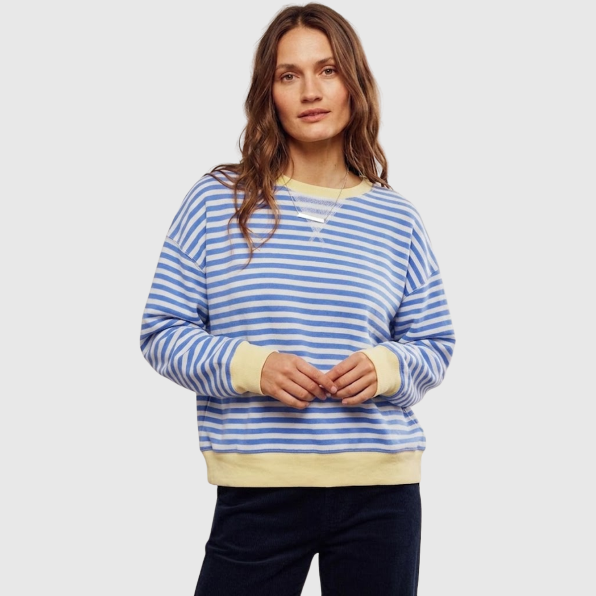 Sudadera oversize a rayas para mujer, cuello redondo, manga larga y corte holgado