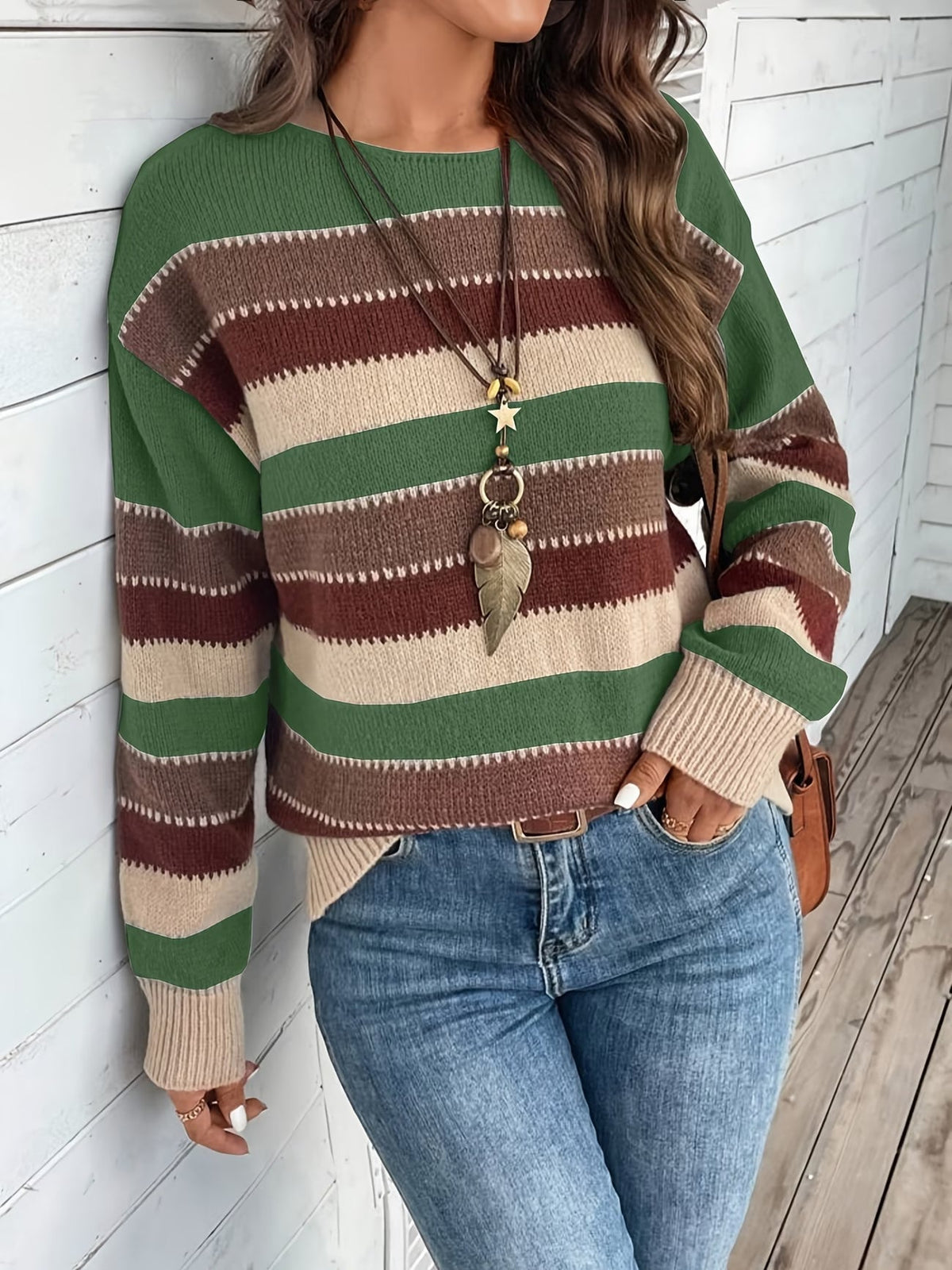 Jersey de mujer de punto a rayas, cuello redondo, clásico y atemporal