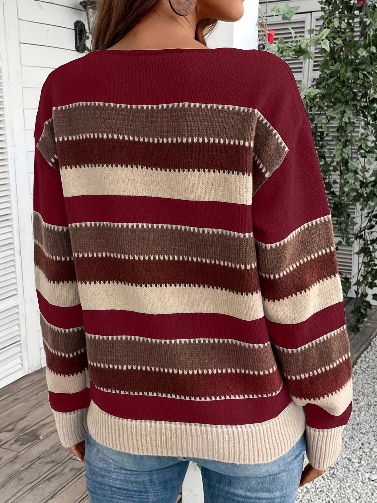 Jersey de mujer de punto a rayas, cuello redondo, clásico y atemporal