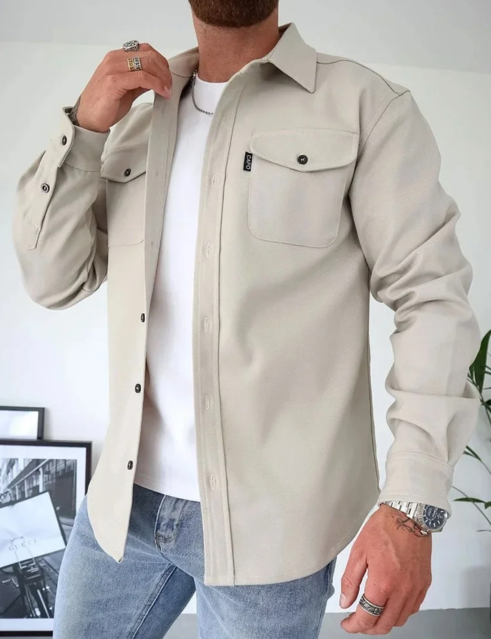 Men's button-up shirt jacket with chest pockets, casual and suitable for everyday wear