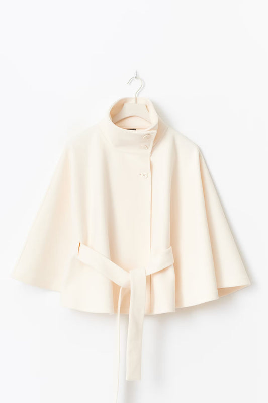 Women’s cape coat with high collar, tie belt, and regular fit
