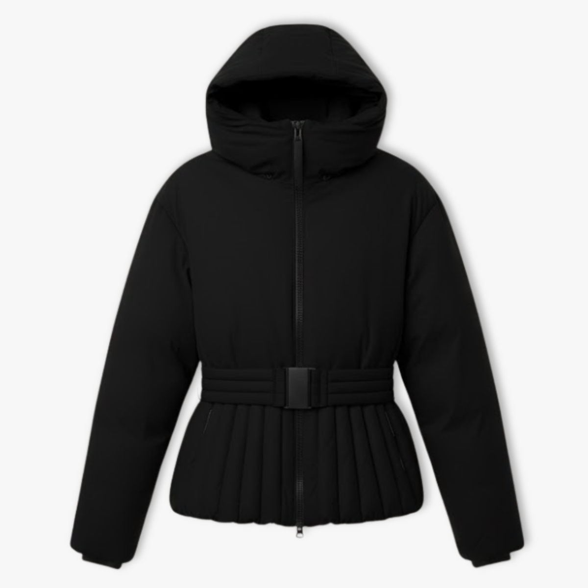 Dámská lyžařská bunda s peplum střihem, stojáčkem, páskem a kapucí na zimu