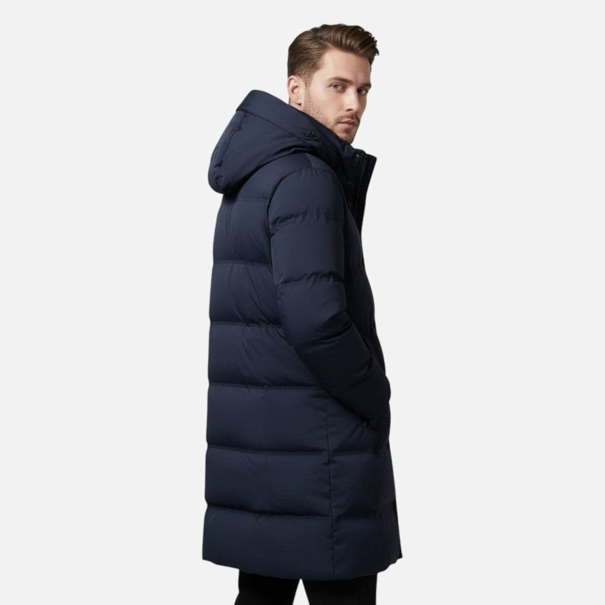 Premium men's winter parka with hood and full insulation, elegant style