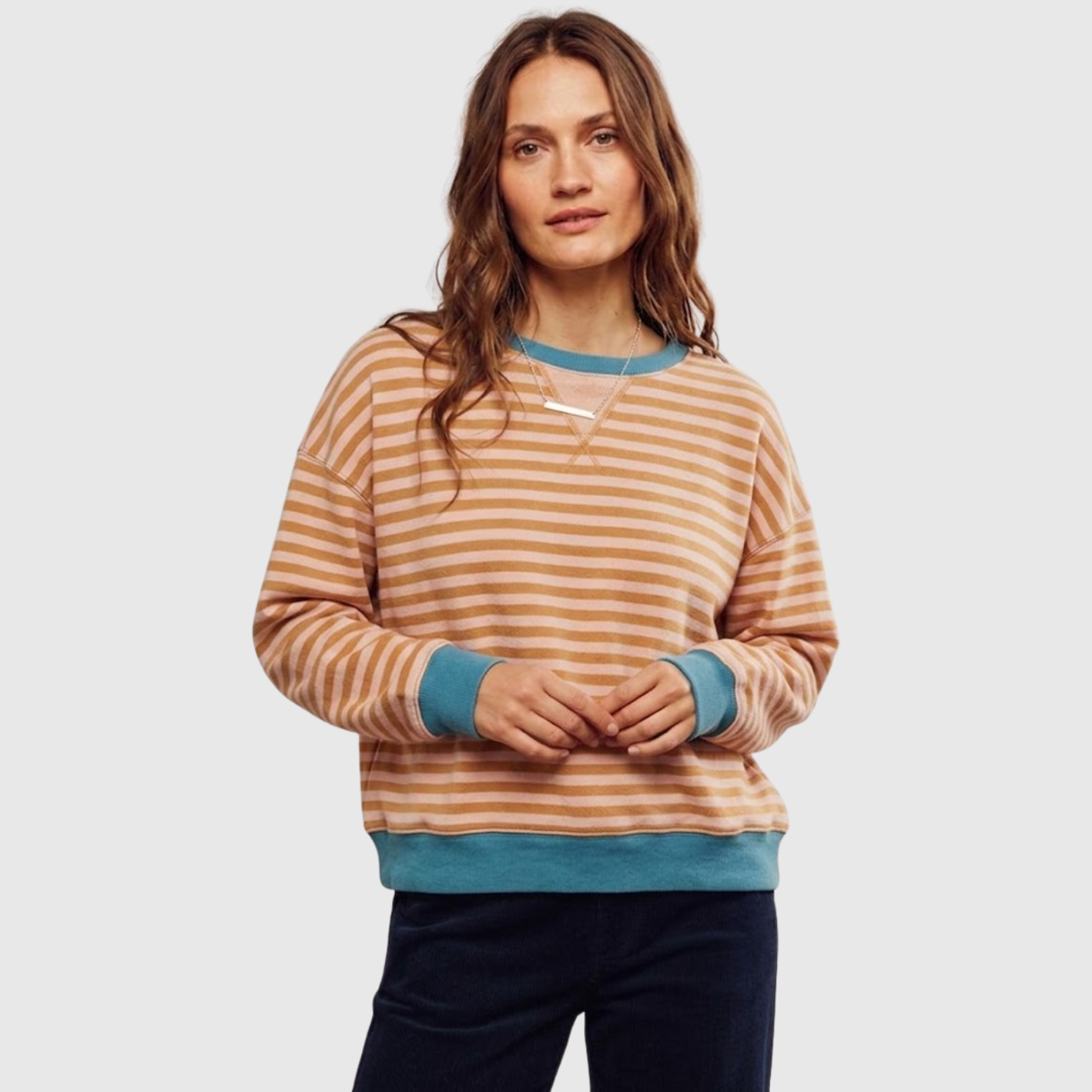 Sudadera oversize a rayas para mujer, cuello redondo, manga larga y corte holgado