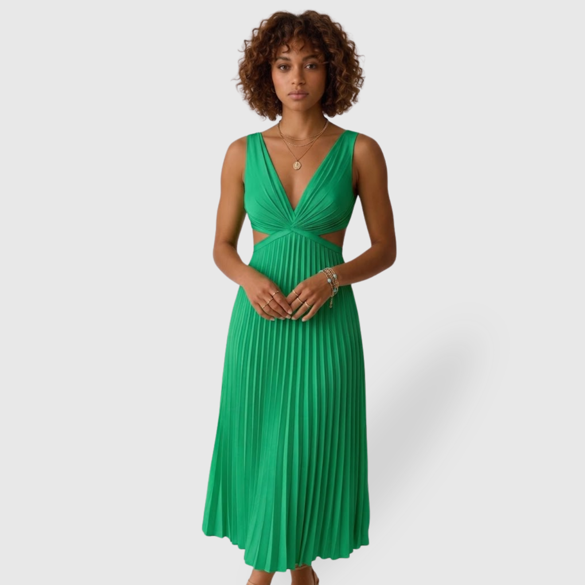 Robe longue plissée femme col V sans manches coupe fluide