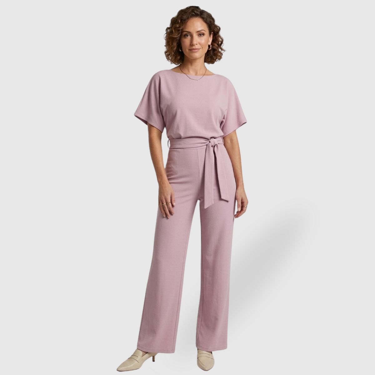 Combinaison femme pantalon manches courtes taille ceinturée coupe droite