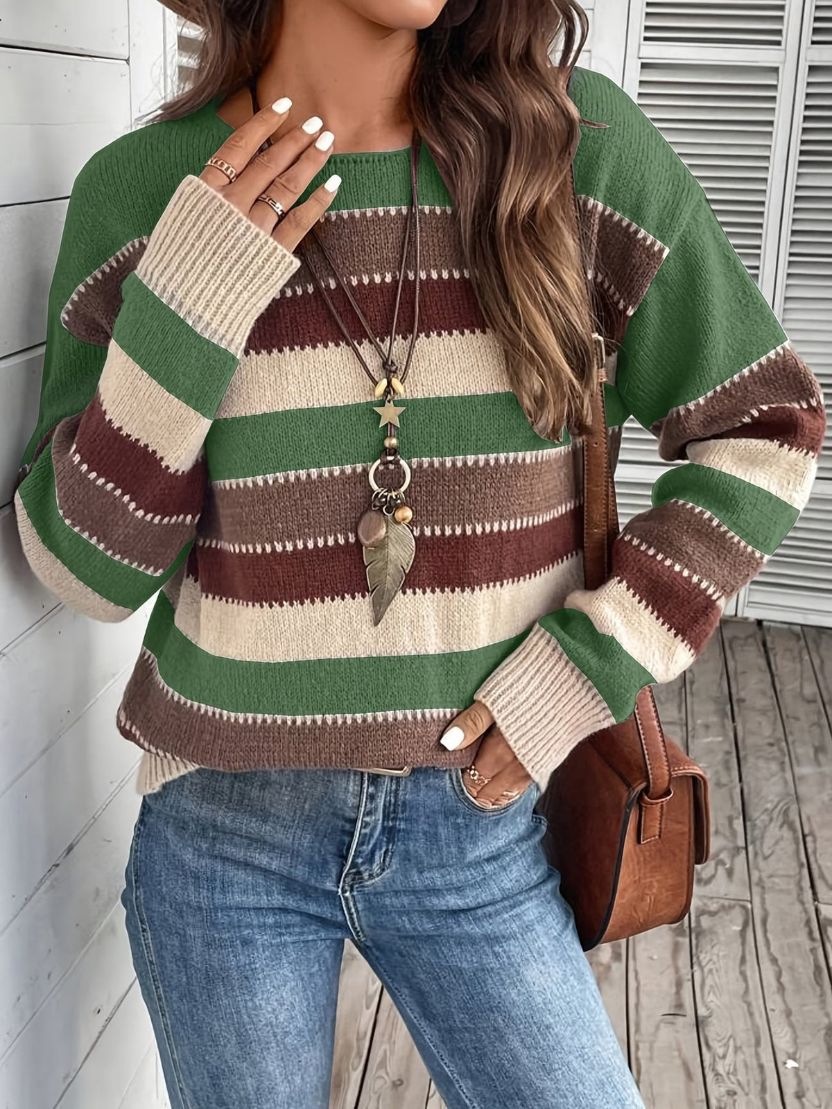 Jersey de mujer de punto a rayas, cuello redondo, clásico y atemporal