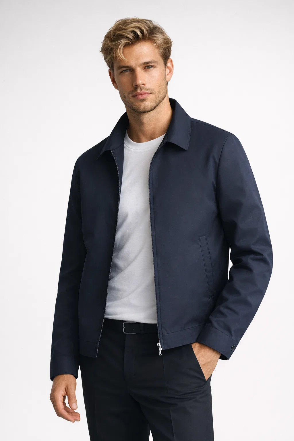 Men’s slim-fit zip-up jacket with classic collar, smart casual style for winter