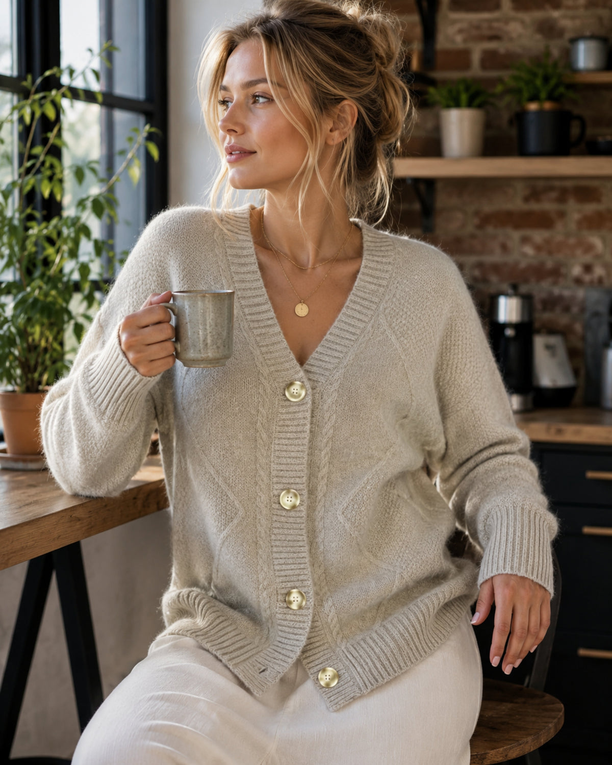 Cárdigan de cachemira Lena para mujer, con botones, mangas largas y tacto suave