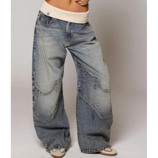 Vaqueros baggy de mujer con costuras llamativas, cintura elástica y cómodos