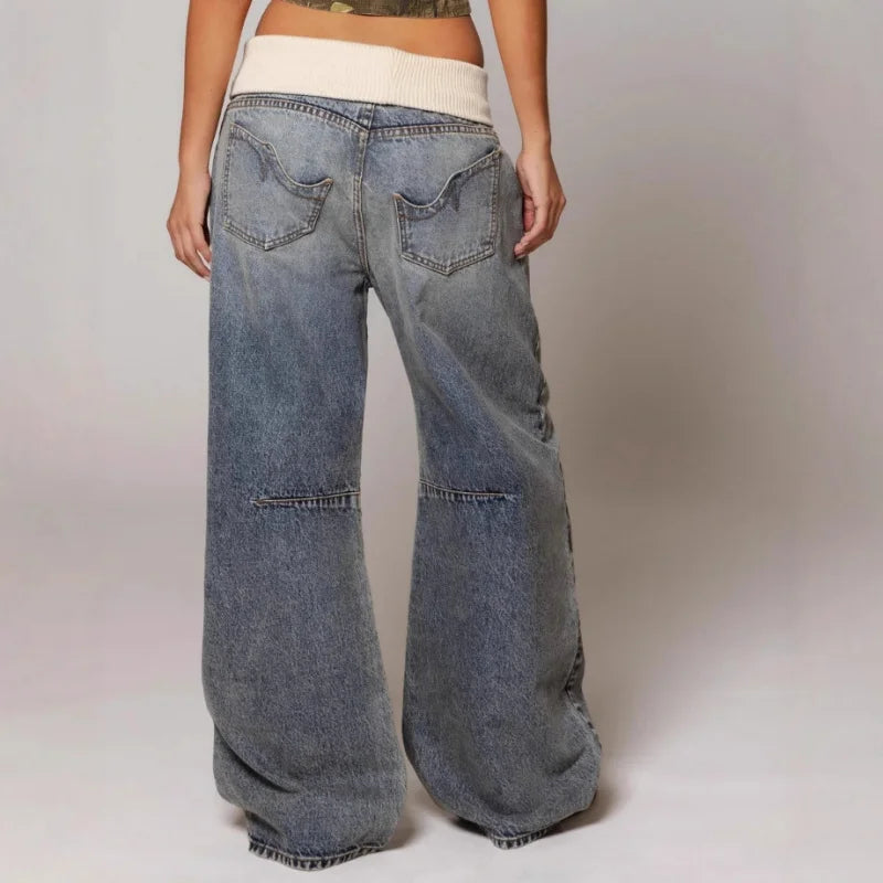 Vaqueros baggy de mujer con costuras llamativas, cintura elástica y cómodos