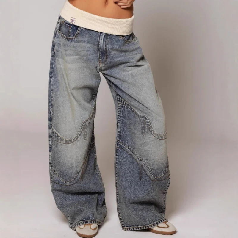 Vaqueros baggy de mujer con costuras llamativas, cintura elástica y cómodos