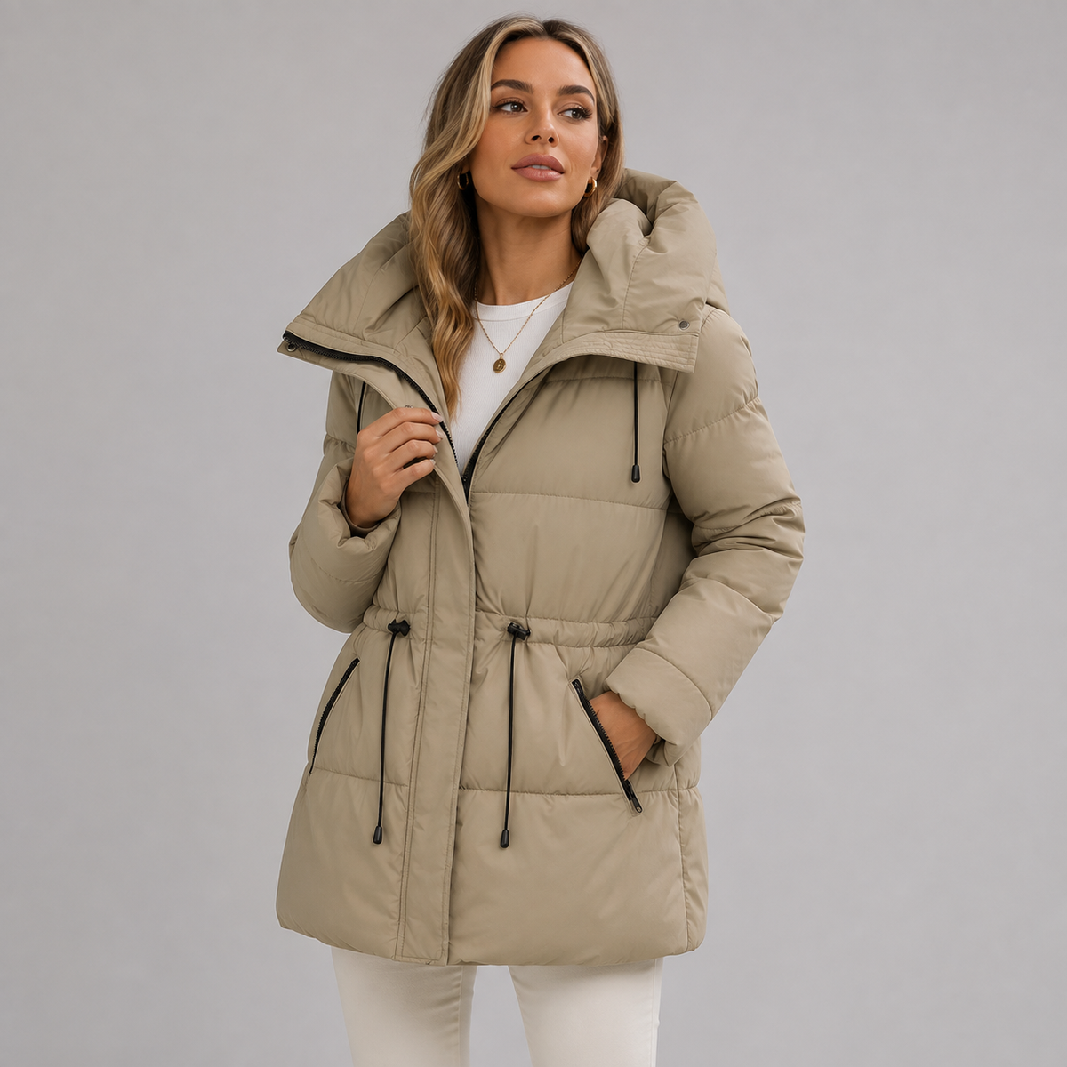 Women's mid-length parka, hood, zip closure, timeless winter style