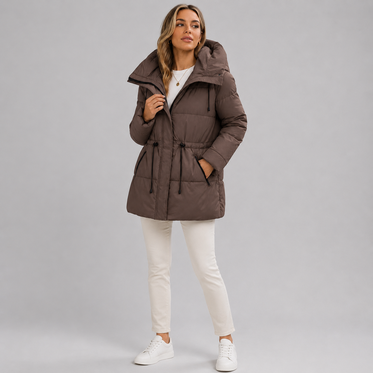 Women's mid-length parka, hood, zip closure, timeless winter style