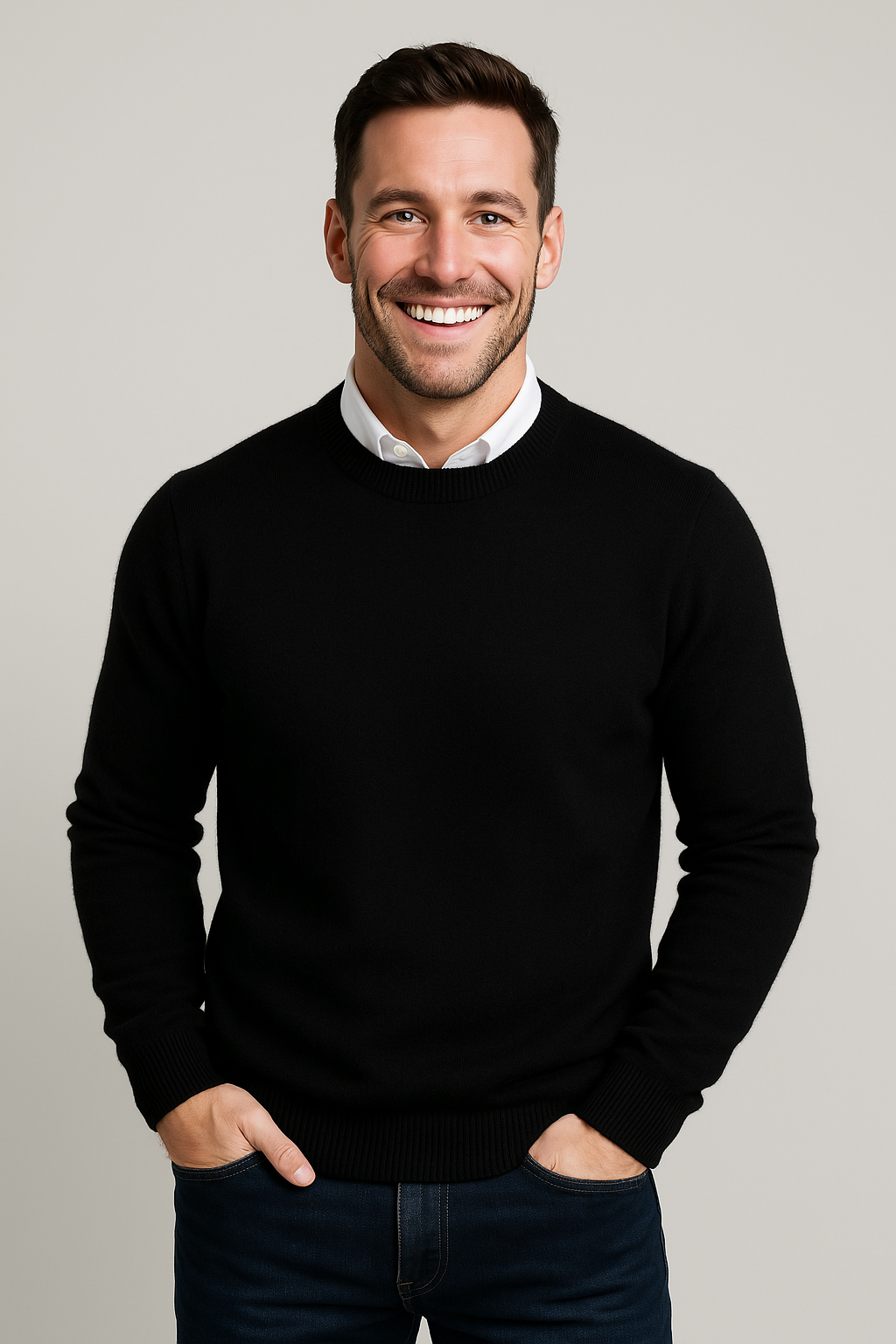 Maglione da uomo lavorato a maglia, girocollo classico e bordi a coste, per l’inverno