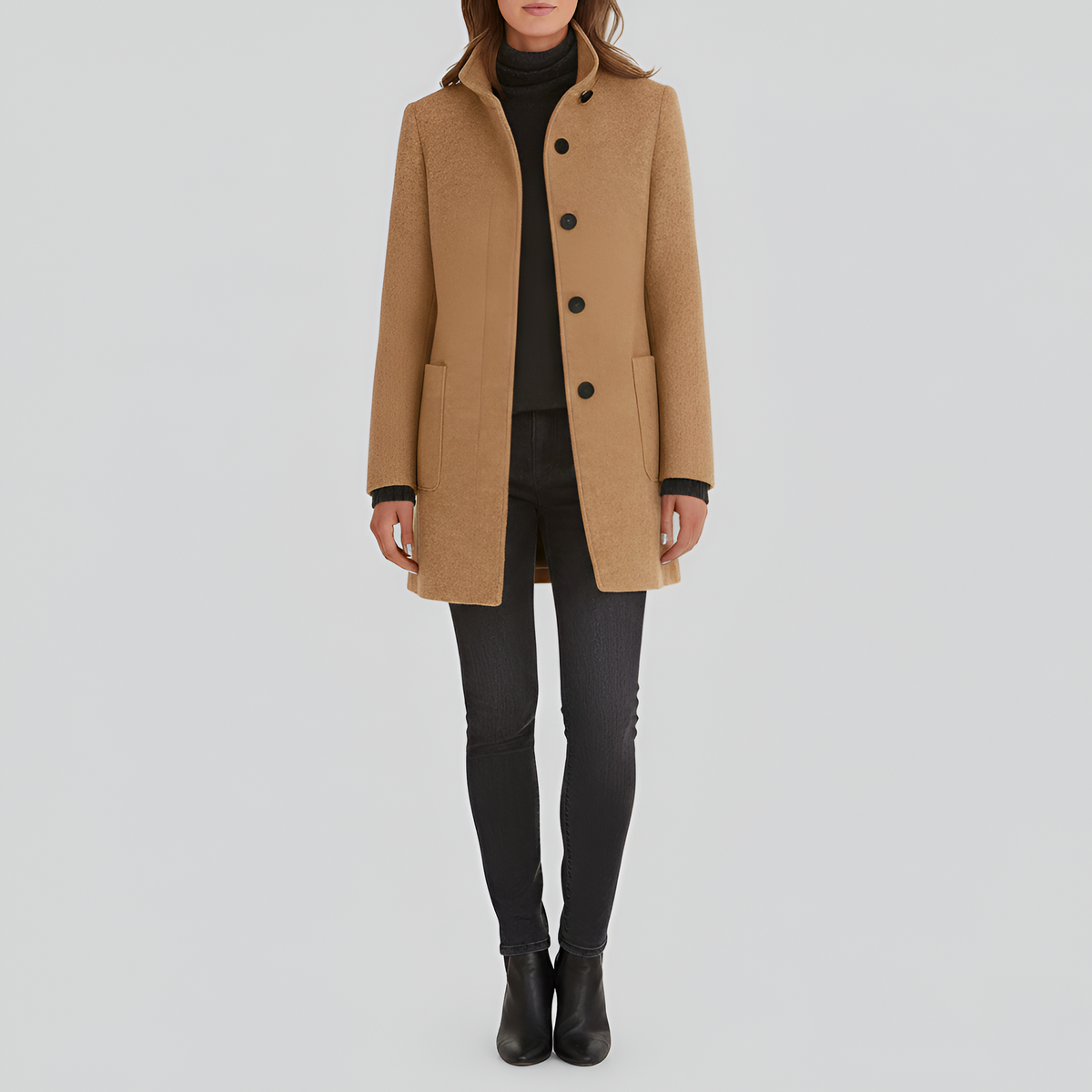 Manteau en Laine Col Montant Fermeture Boutonnée pour Femme