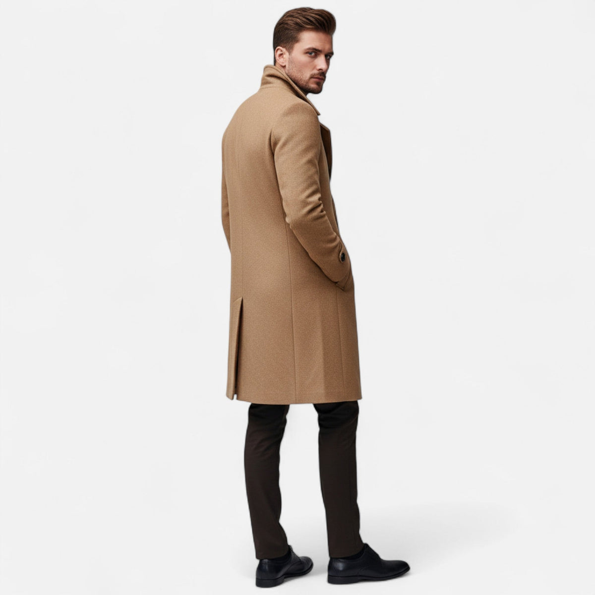 Elegantní dlouhý pánský vlněný dvouřadý kabát na zimu