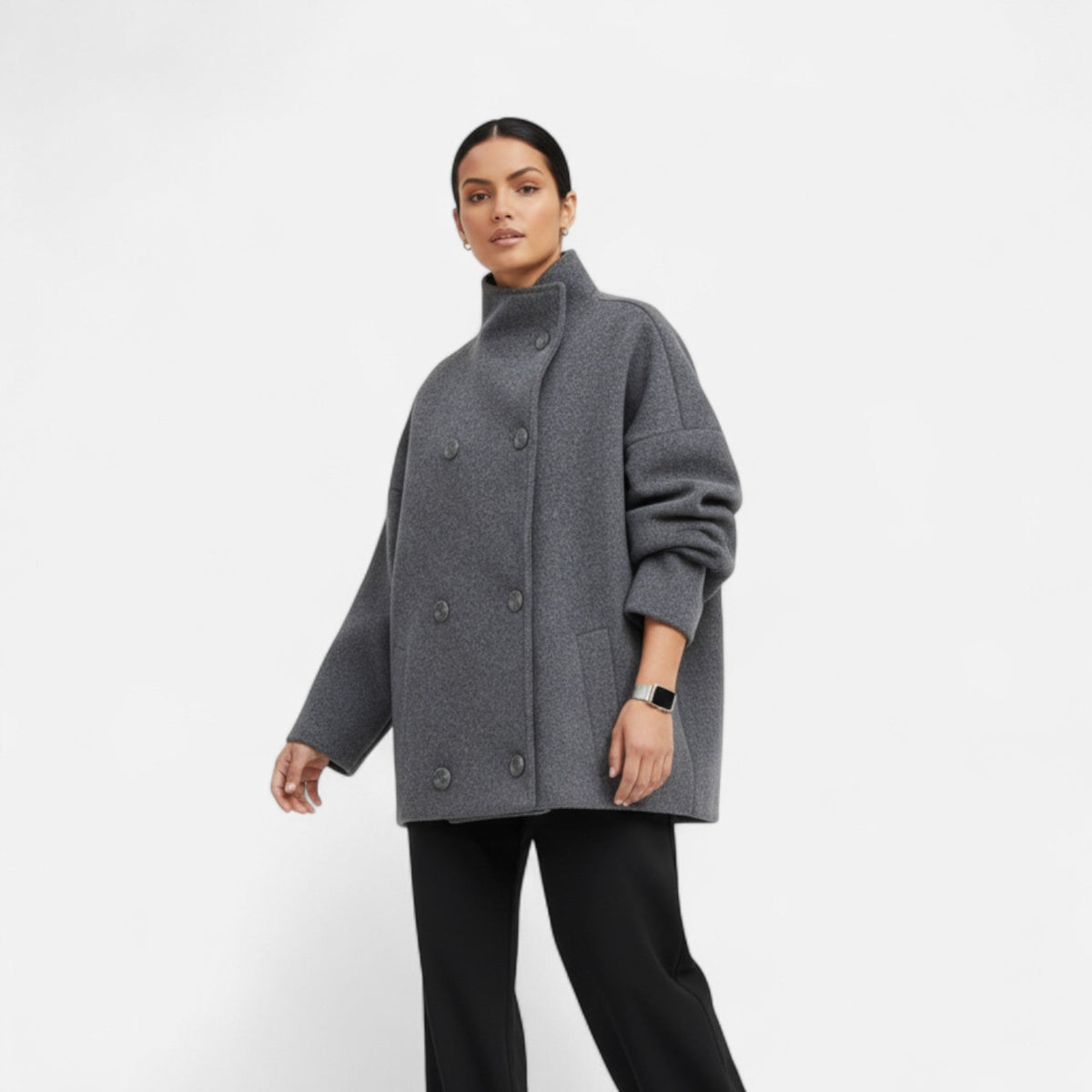 Manteau court femme col montant chic structuré hiver