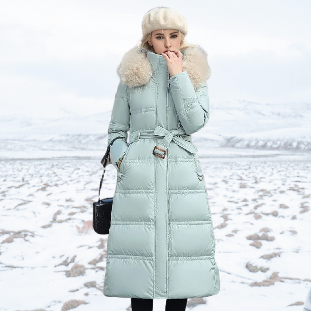 Parka invernale lungo da donna, di design, con cappuccio bordato di pelliccia, caldo