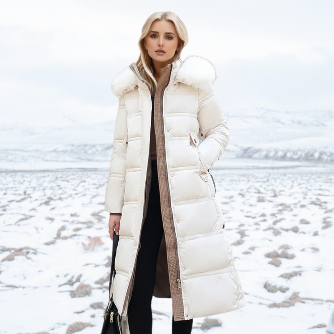 Parka invernale lungo da donna, di design, con cappuccio bordato di pelliccia, caldo