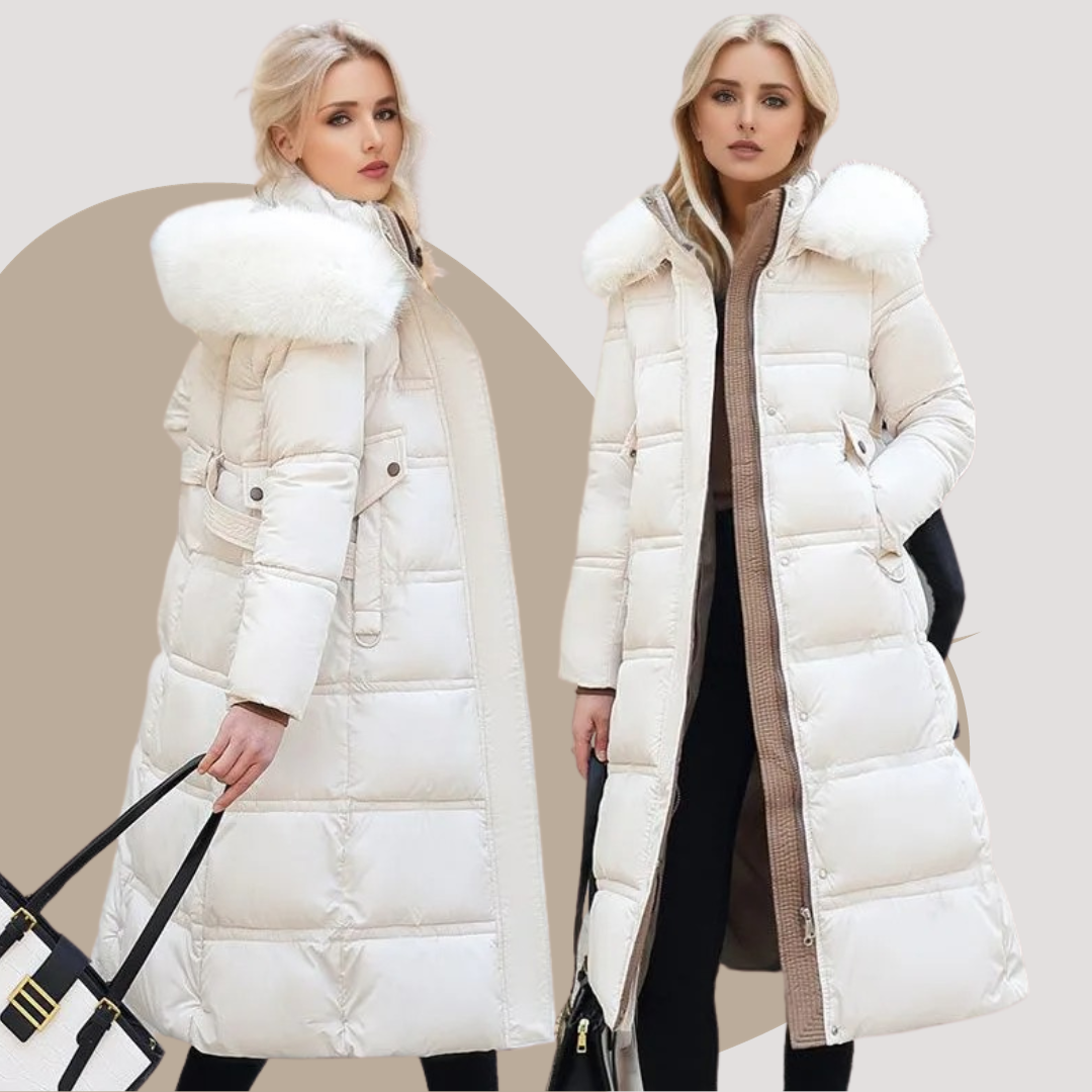 Parka invernale lungo da donna, di design, con cappuccio bordato di pelliccia, caldo