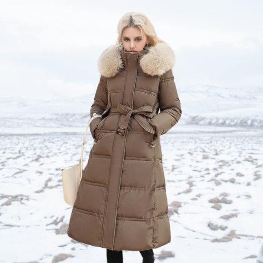 Parka invernale lungo da donna, di design, con cappuccio bordato di pelliccia, caldo