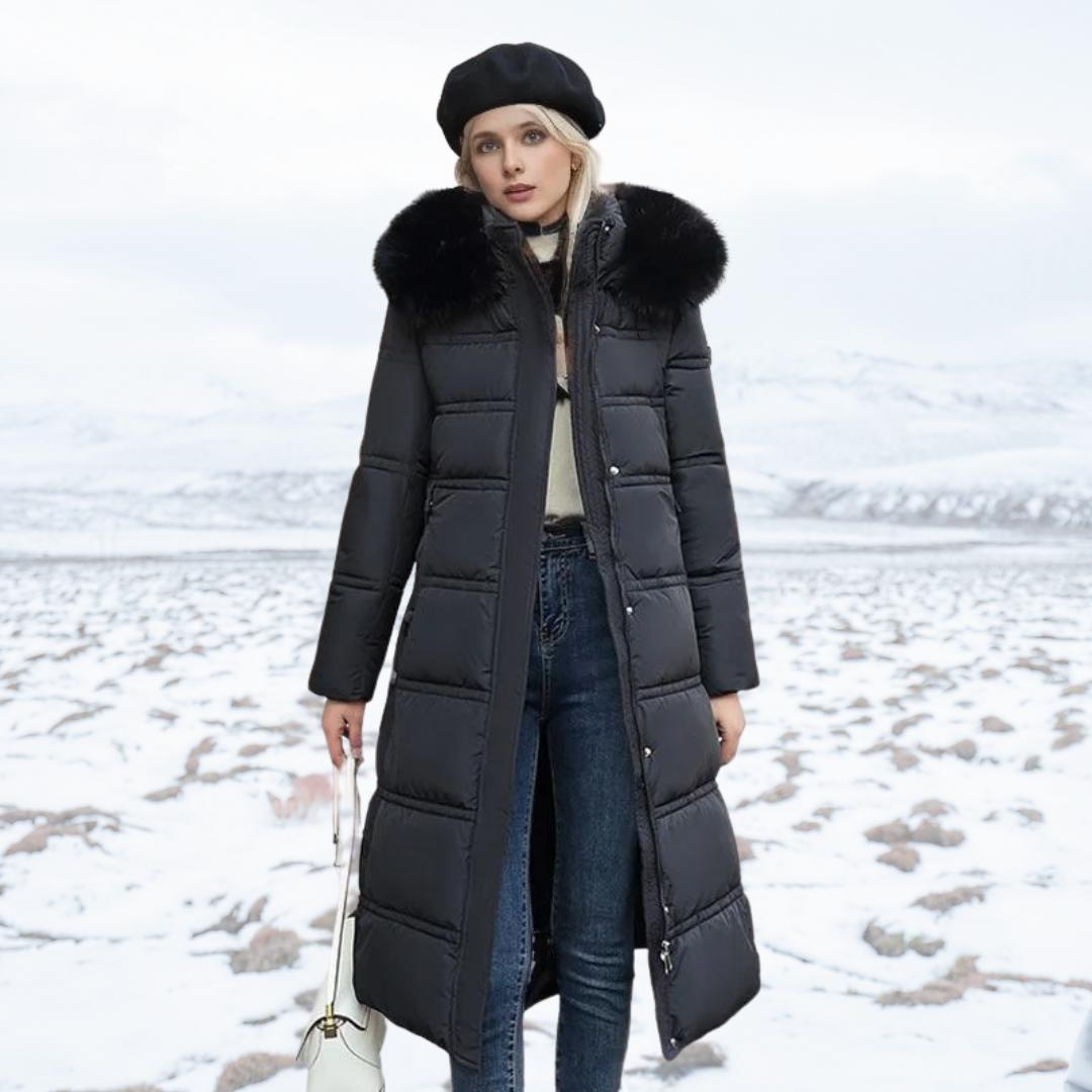 Parka invernale lungo da donna, di design, con cappuccio bordato di pelliccia, caldo