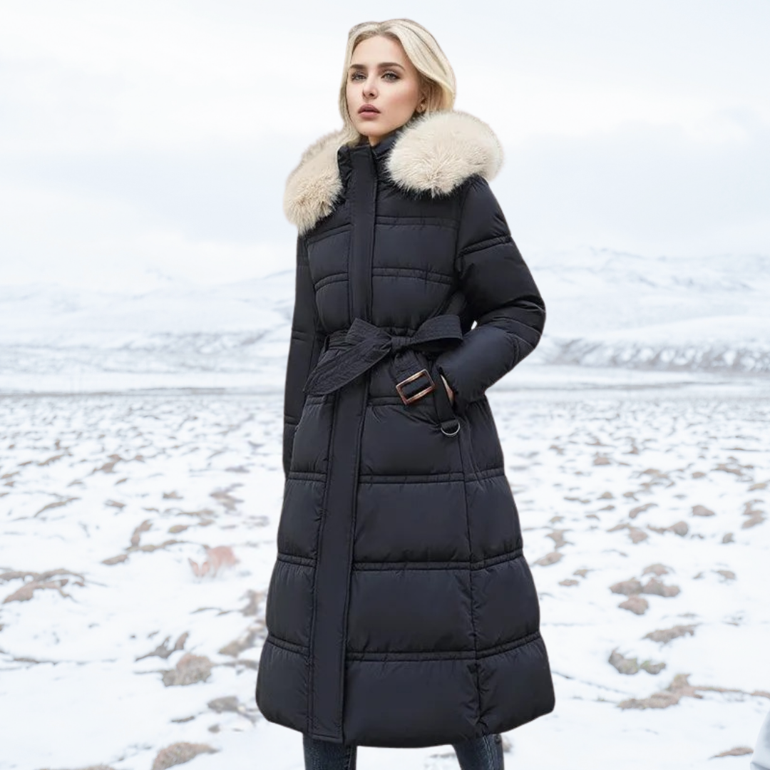 Parka invernale lungo da donna, di design, con cappuccio bordato di pelliccia, caldo
