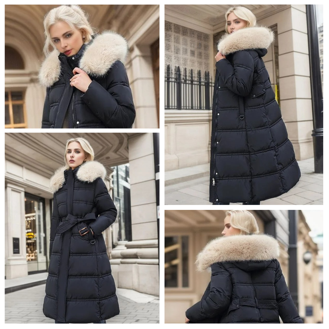 Parka invernale lungo da donna, di design, con cappuccio bordato di pelliccia, caldo